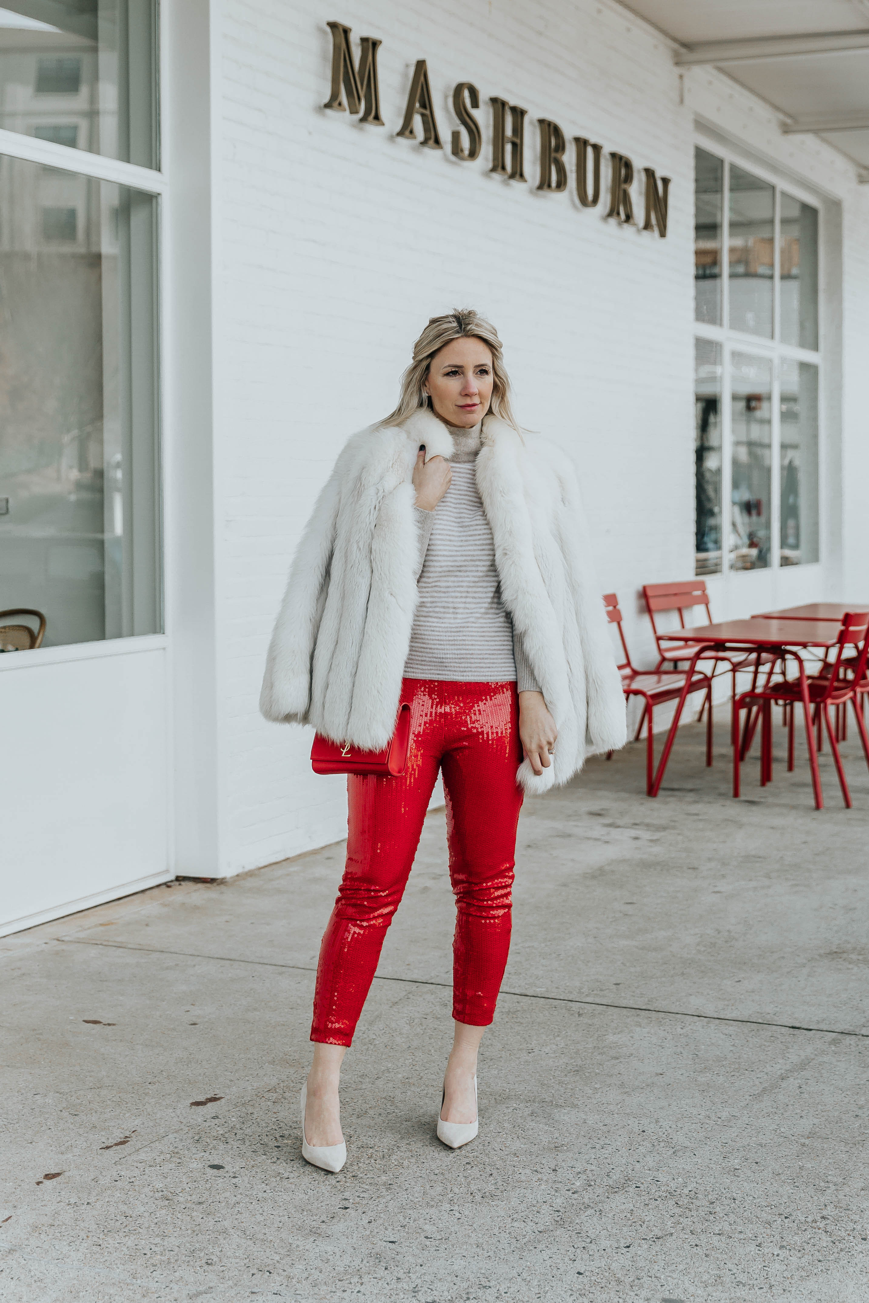 red sequin pants outfit