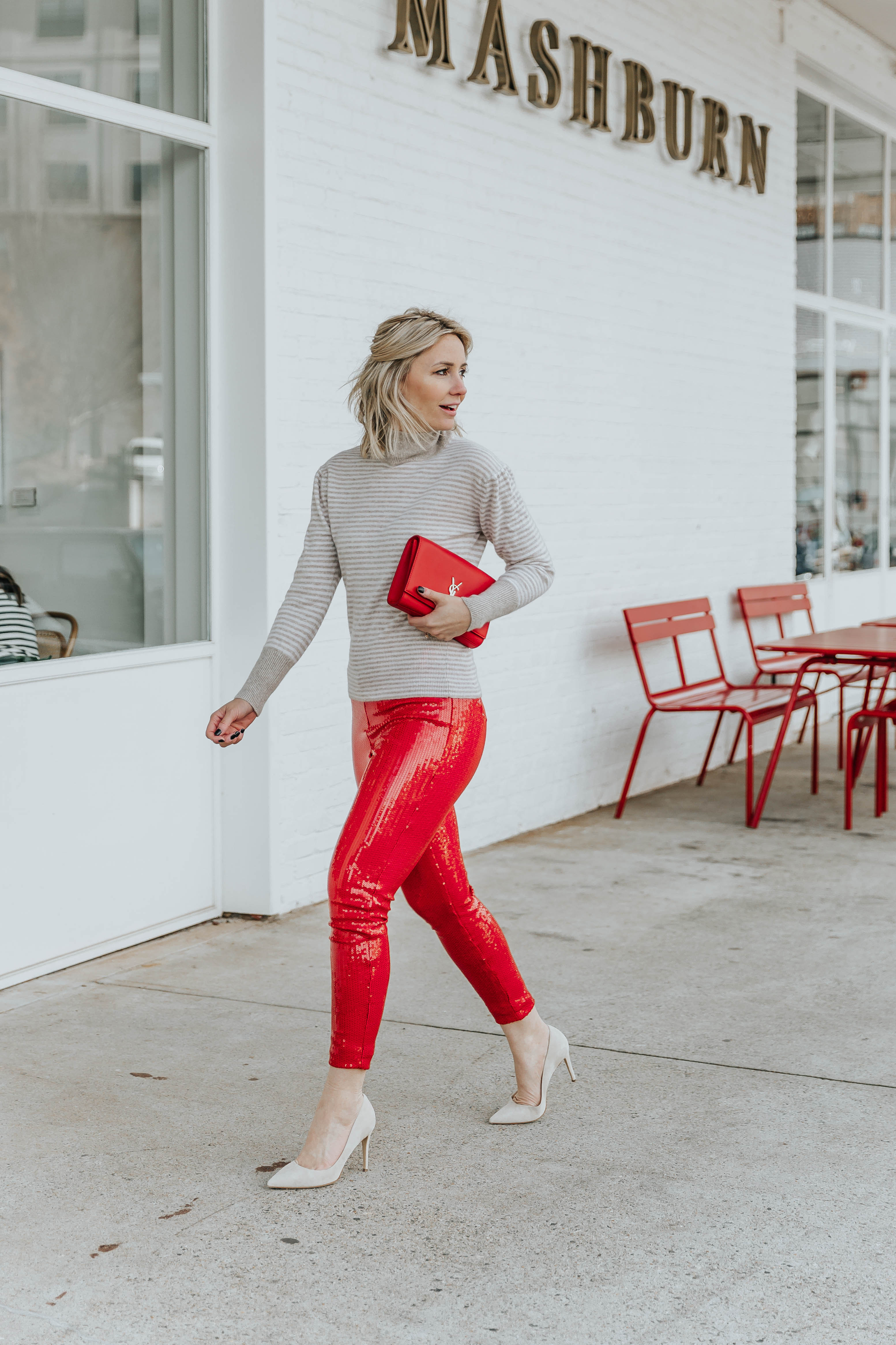 red sequin pants outfit